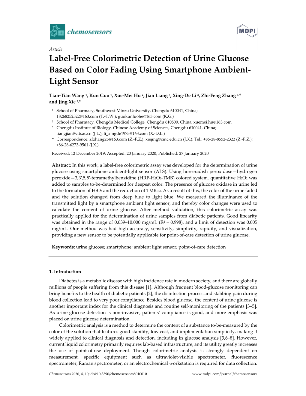 Label-Free Colorimetric Detection of Urine Glucose Based on Color Fading Using Smartphone Ambient- Light Sensor