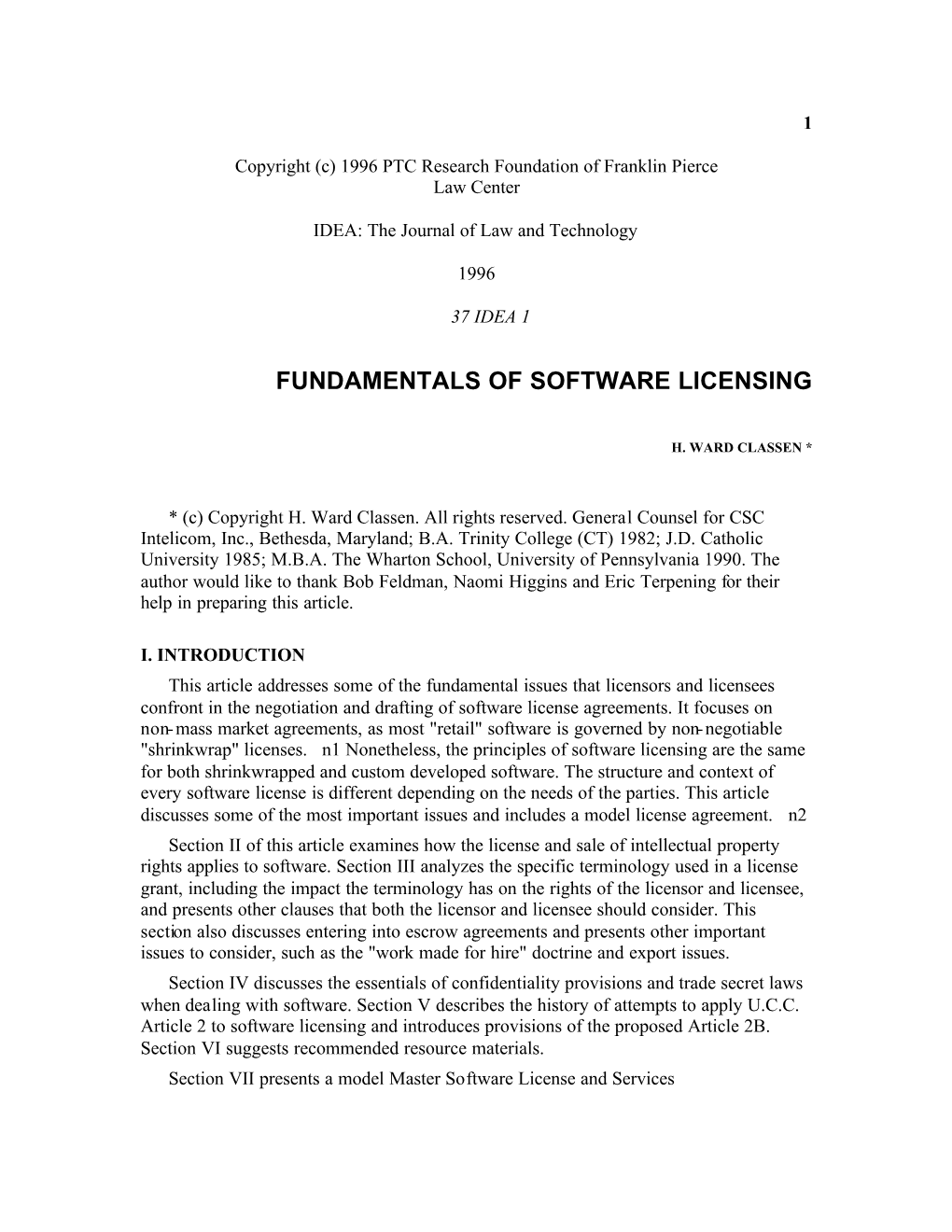 Fundamentals of Software Licensing, Classen