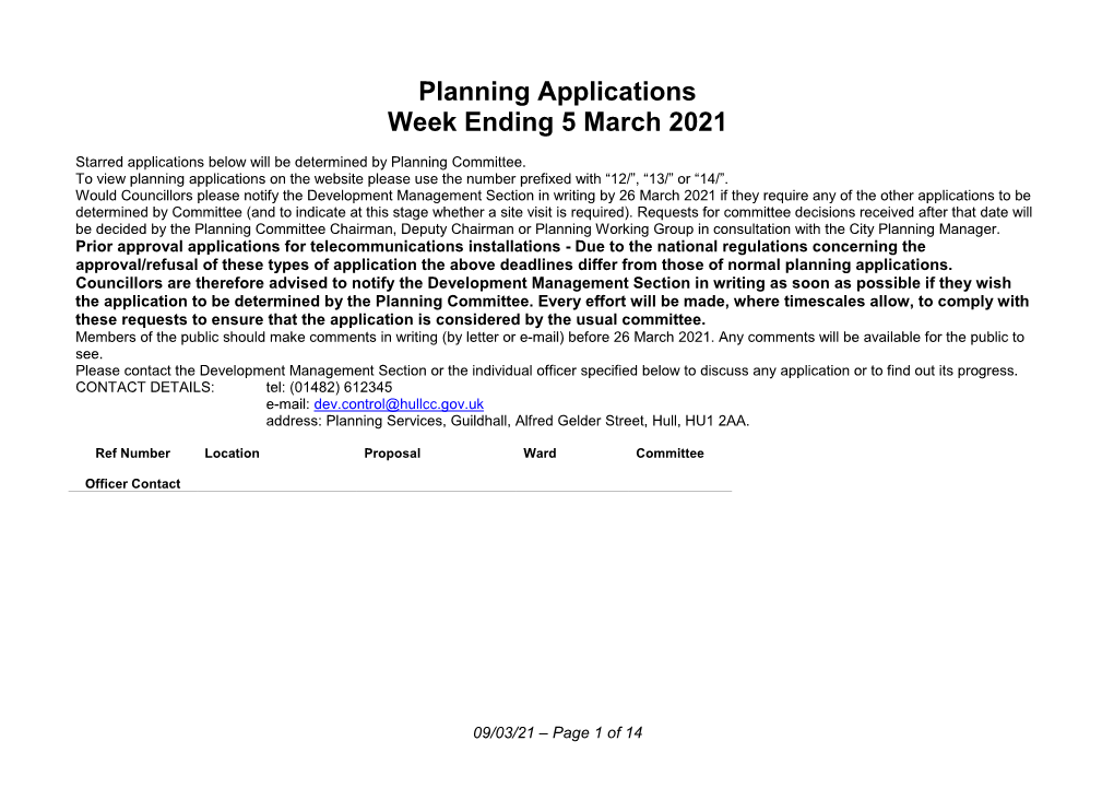 5 March List of Planning Applications Received