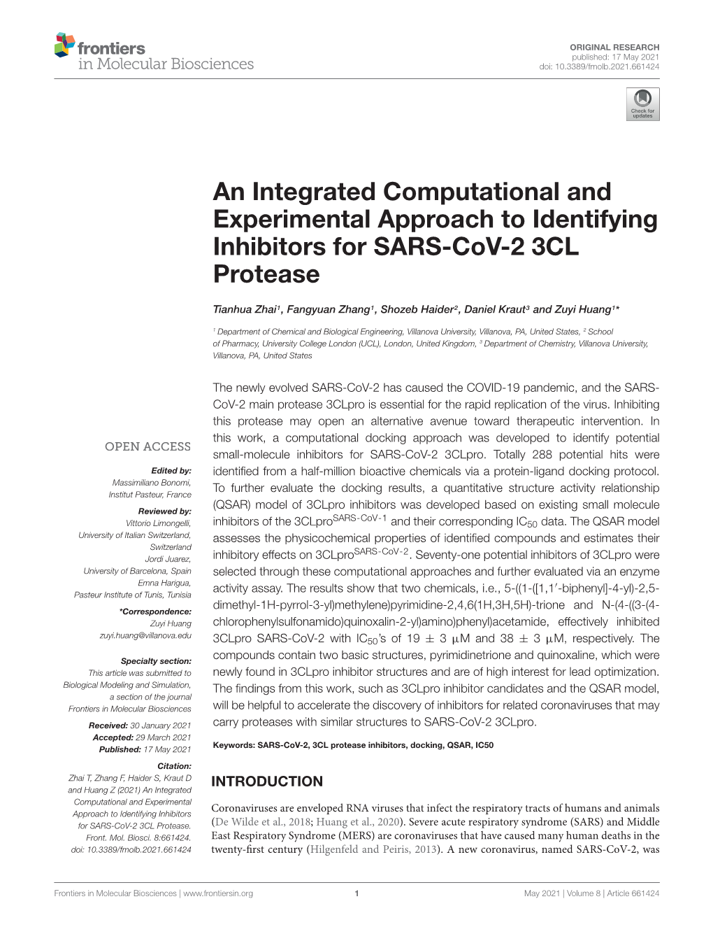 An Integrated Computational and Experimental Approach to Identifying Inhibitors for SARS-Cov-2 3CL Protease