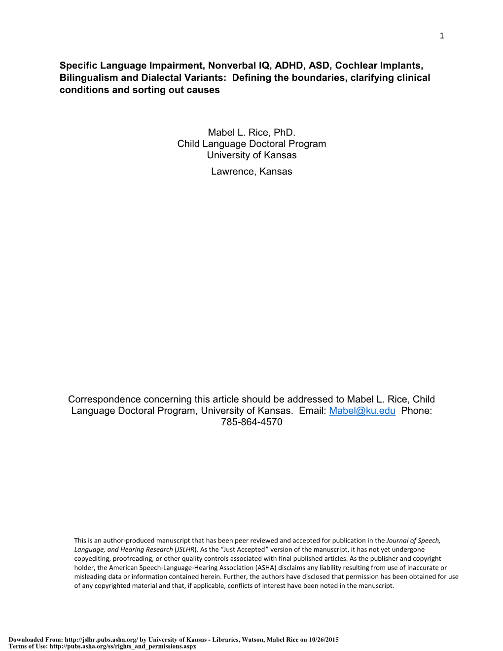 Specific Language Impairment, Nonverbal IQ, ADHD, ASD