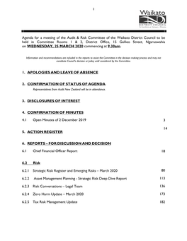 Agenda for a Meeting of the Audit & Risk Committee of the Waikato District Council to Be Held in Committee Rooms 1 & 2