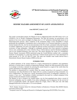 Seismic Hazard Assessment of Jam in Afghanistan