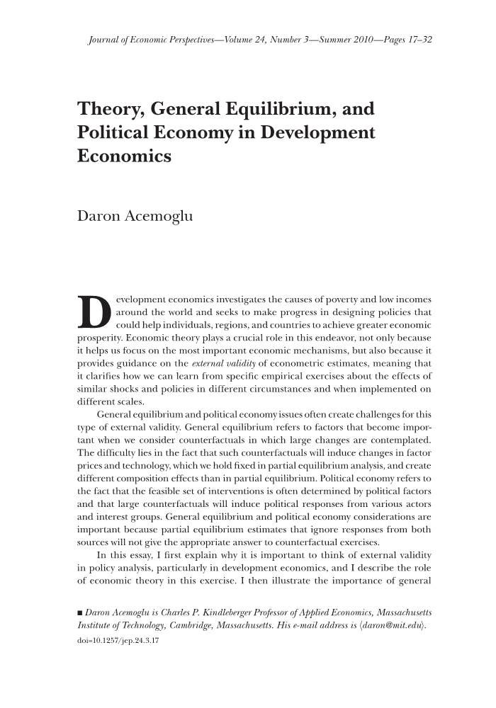 Theory, General Equilibrium, and Political Economy in Development Economics