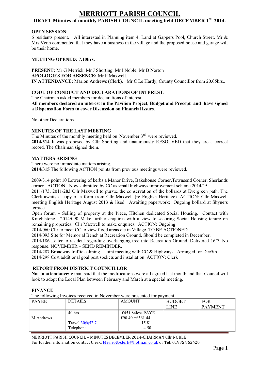 MERRIOTT PARISH COUNCIL DRAFT Minutes of Monthly PARISH COUNCIL Meeting Held DECEMBER 1St 2014