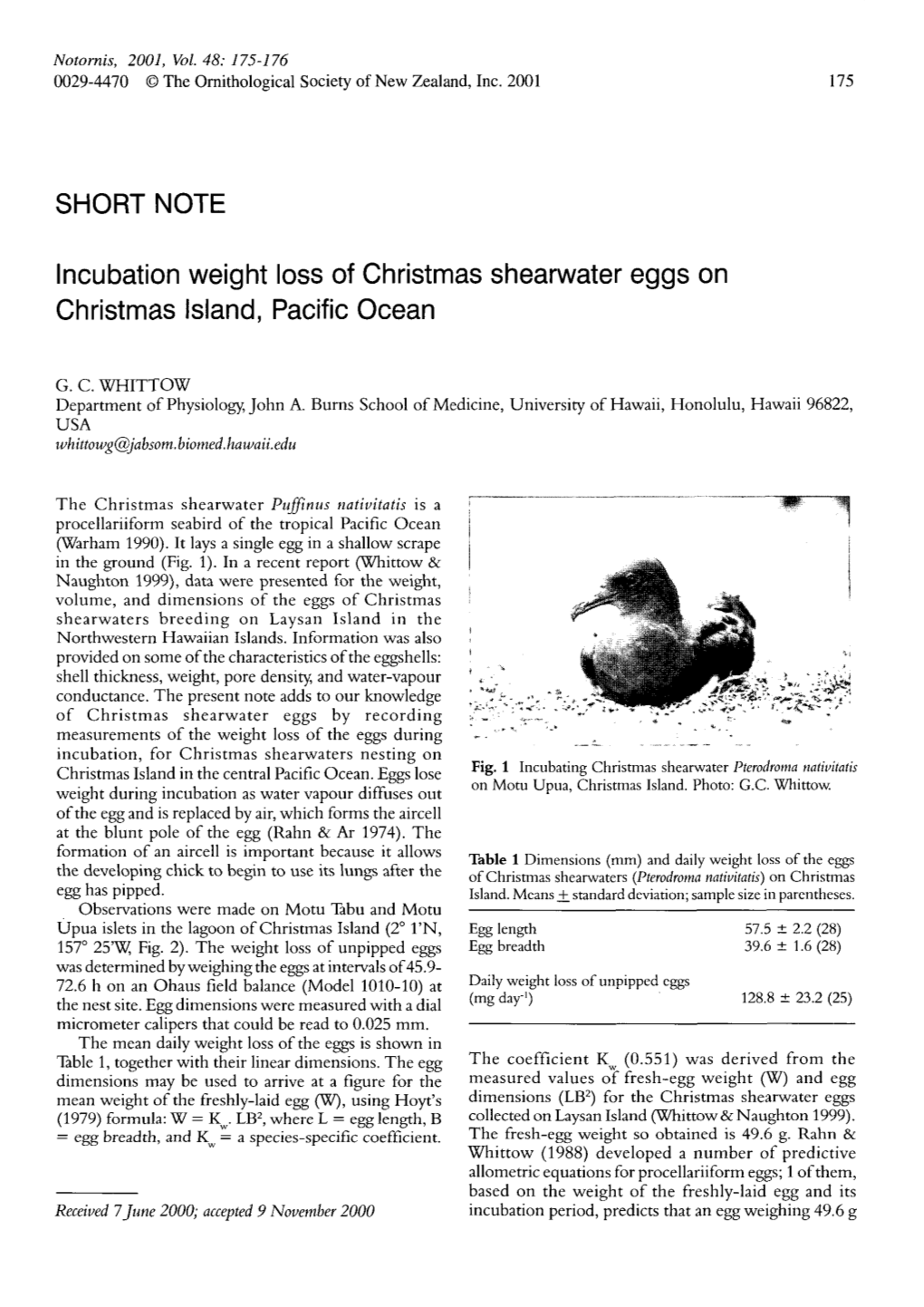 Lncubation Weight Loss of Christmas Shearwater Eggs on Christmas Island, Pacific Ocean