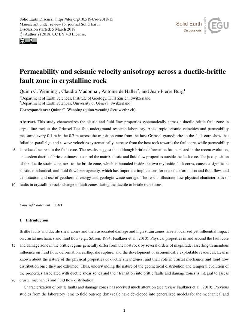 Permeability and Seismic Velocity Anisotropy Across a Ductile-Brittle Fault Zone in Crystalline Rock Quinn C