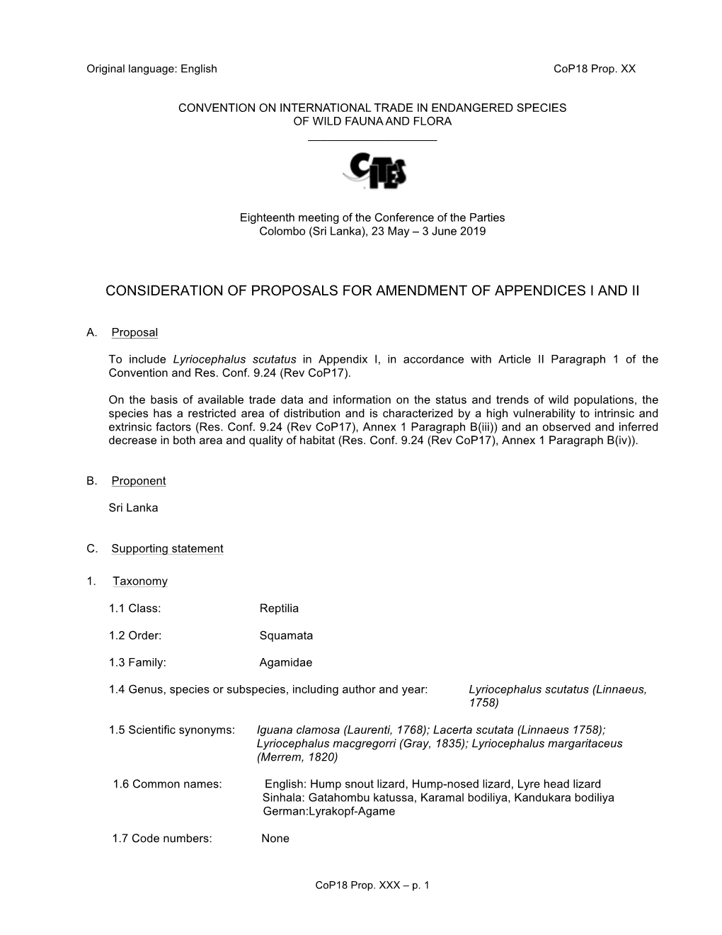 Consideration of Proposals for Amendment of Appendices I and Ii