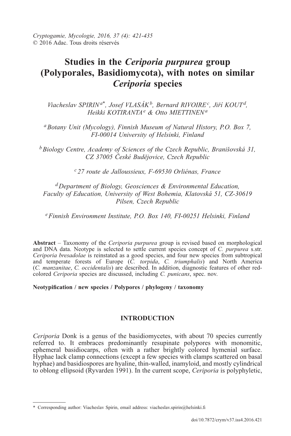 Studies in the Ceriporia Purpurea Group (Polyporales, Basidiomycota), with Notes on Similar Ceriporia Species