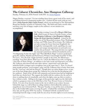 The Cabaret Chronicles: Ann Hampton Callaway Sunday, February 21, 2010; Posted: 12:02 PM - by Jenna Esposito
