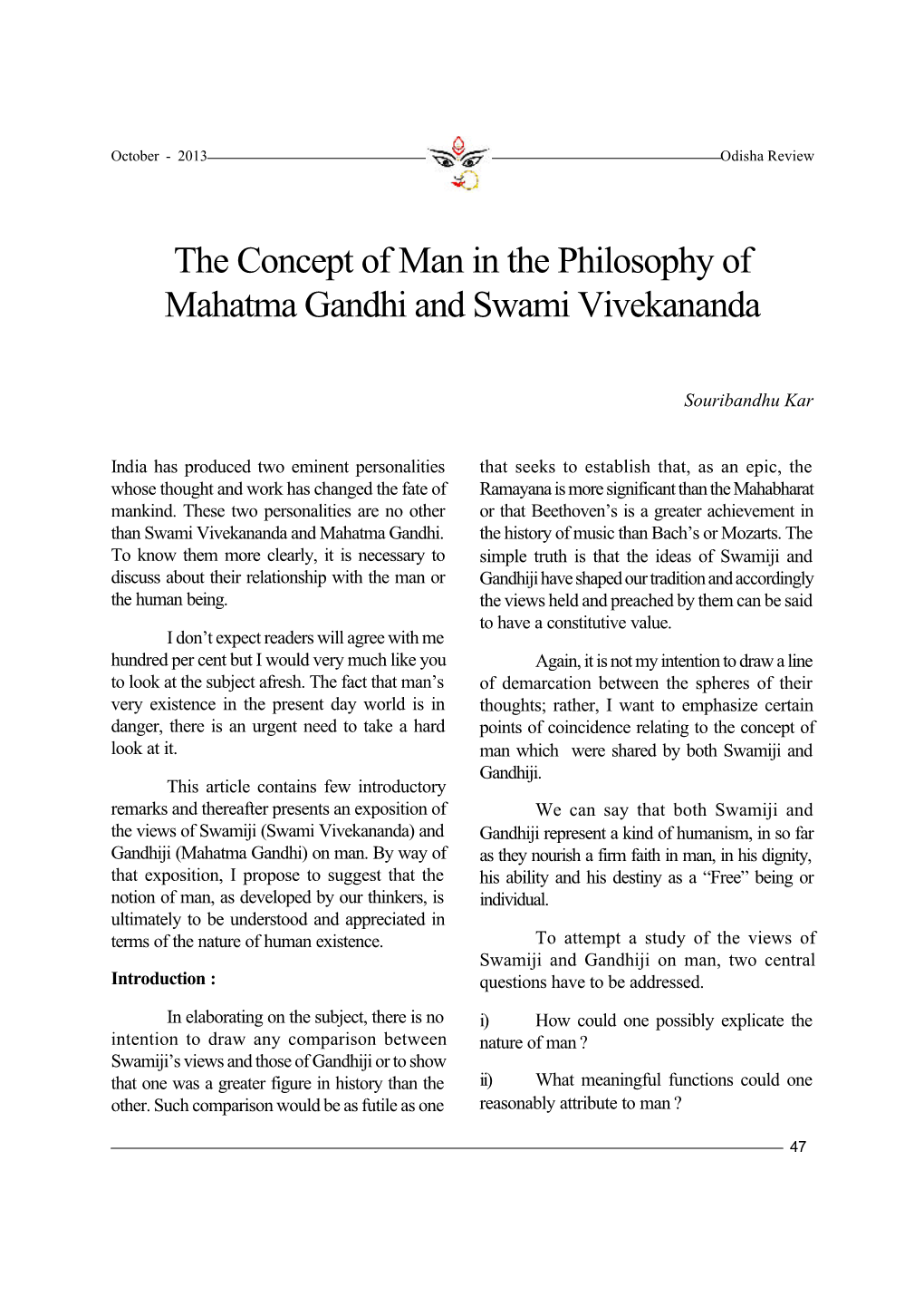 The Concept of Man in the Philosophy of Mahatma Gandhi and Swami Vivekananda