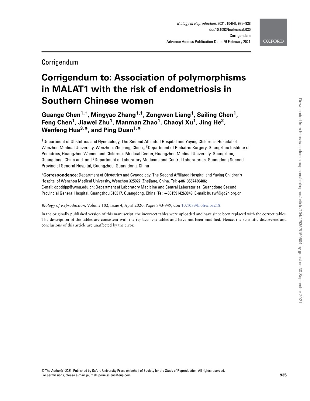 Corrigendum To: Association of Polymorphisms in MALAT1 with The