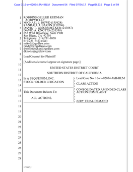 In Re Sequenom, Inc. Stockholder Litigation 16-CV-02054-Consolidated Amended Class Action Complaint
