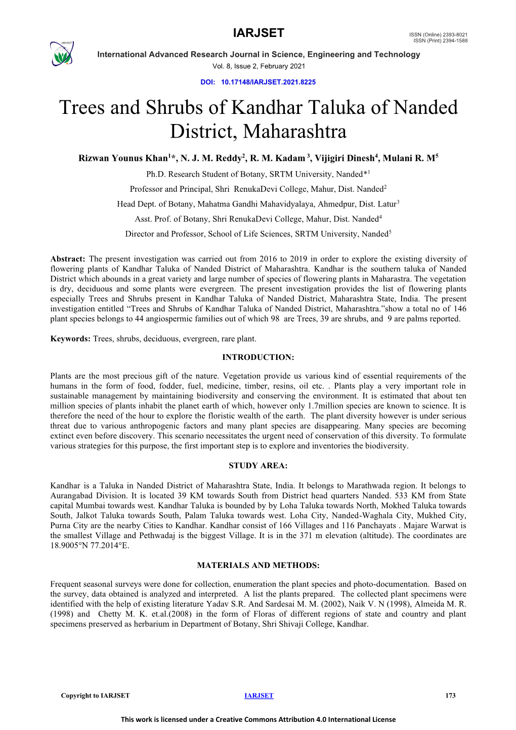 Trees and Shrubs of Kandhar Taluka of Nanded District, Maharashtra