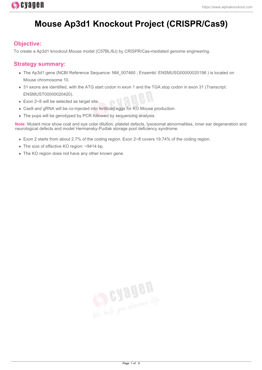 Mouse Ap3d1 Knockout Project (CRISPR/Cas9)