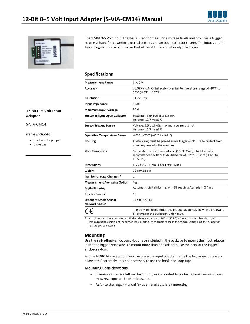 12-Bit 0-5 Volt Input Adapter (S-VIA-CM14) Manual