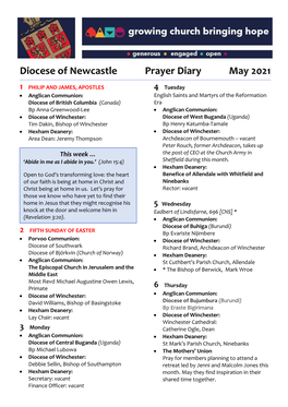 Diocese of Newcastle Prayer Diary May 2021