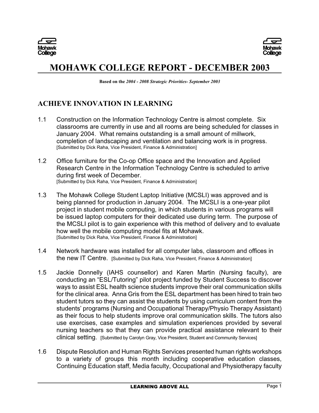 Mohawk College Report - December 2003