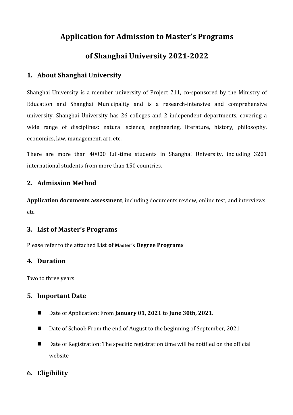 Application for Admission to Master's Programs of Shanghai University 2021-2022
