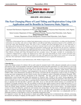 The Fast Changing Phase of Land Titling and Registration Using GIS Application and Its Benefits in Nasarawa State,Nigeria