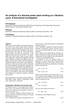 An Analysis of a Thermal Power Plant Working on a Rankine Cycle: a Theoretical Investigation