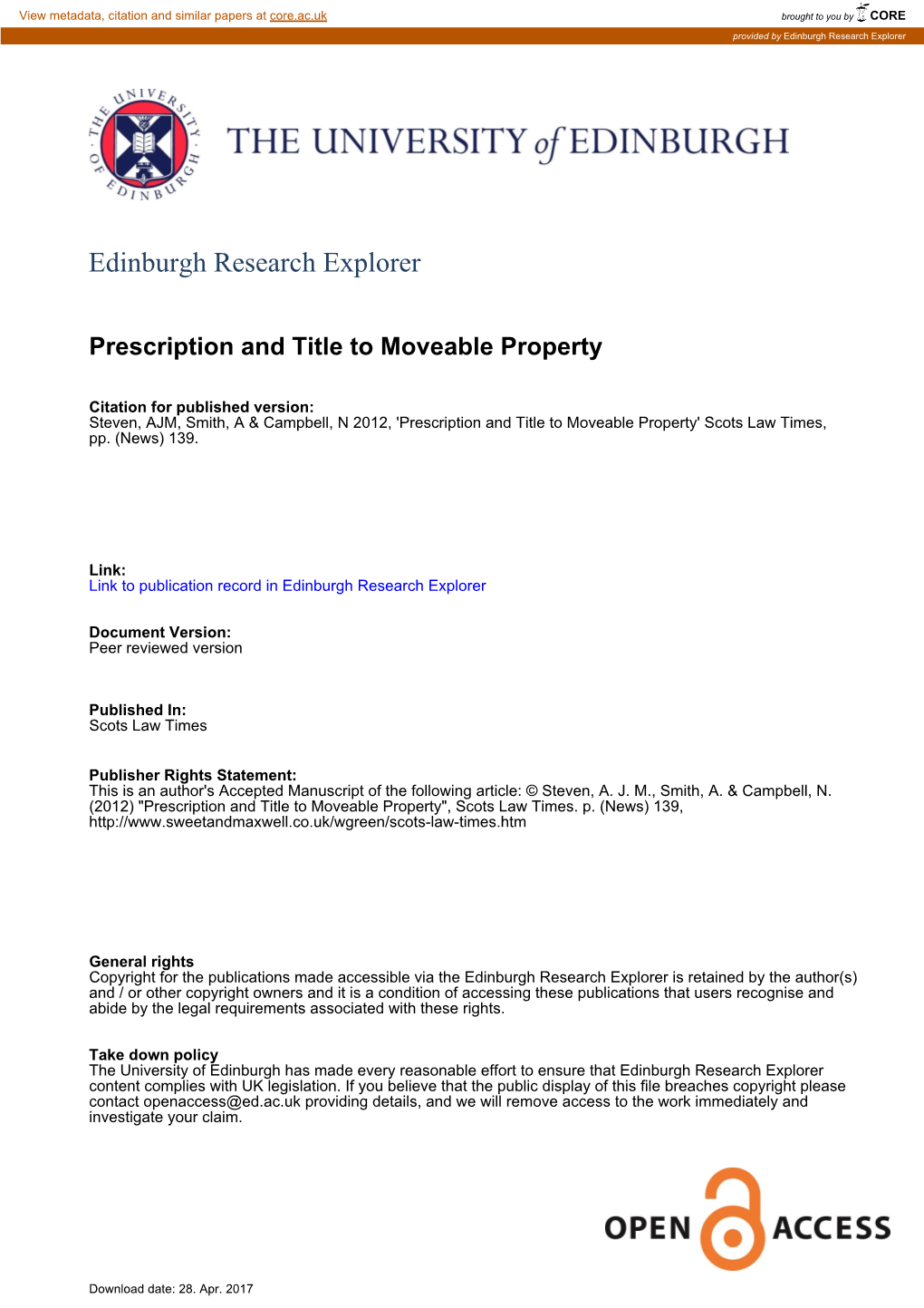 Prescription and Title to Moveable Property