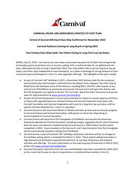 Carnival Cruise Line Announces Updates to Fleet Plan