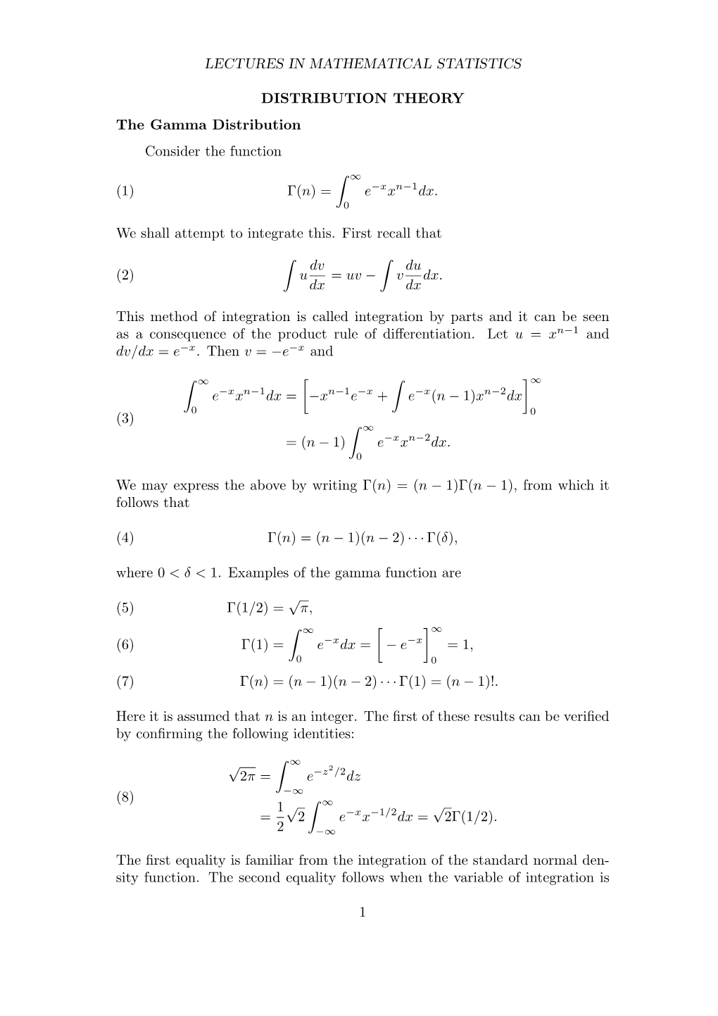 Lectures in Mathematical Statistics Distribution