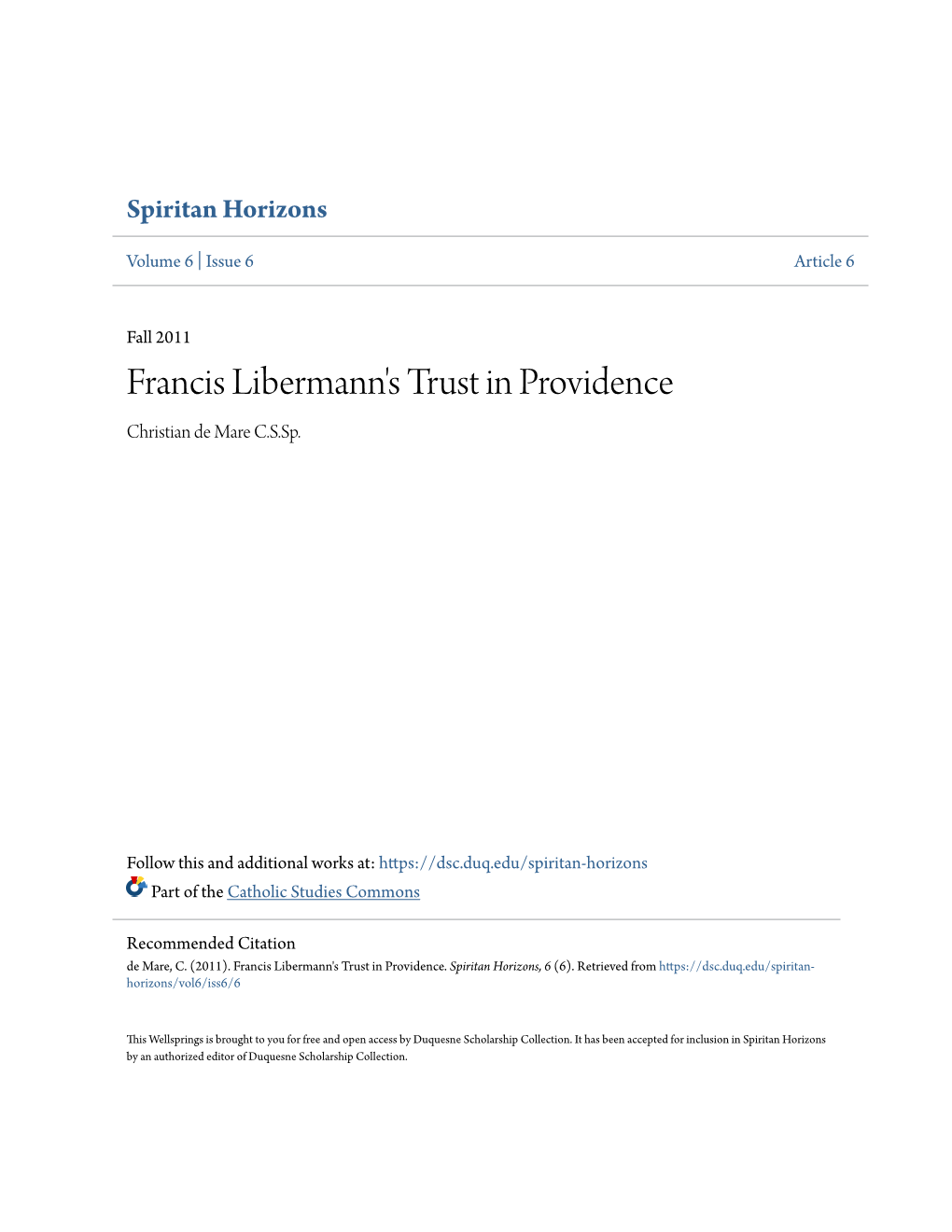 Francis Libermann's Trust in Providence Christian De Mare C.S.Sp