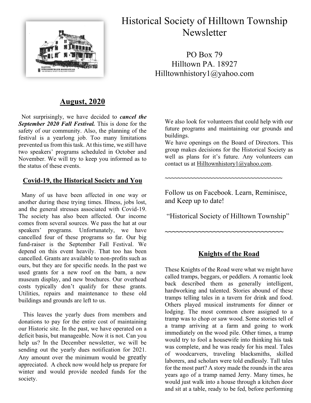 Historical Society of Hilltown Township Newsletter