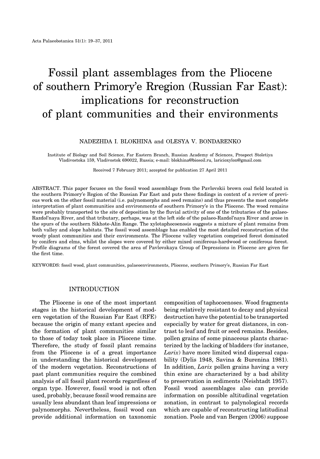 Fossil Plant Assemblages from the Pliocene of Southern Primory'e