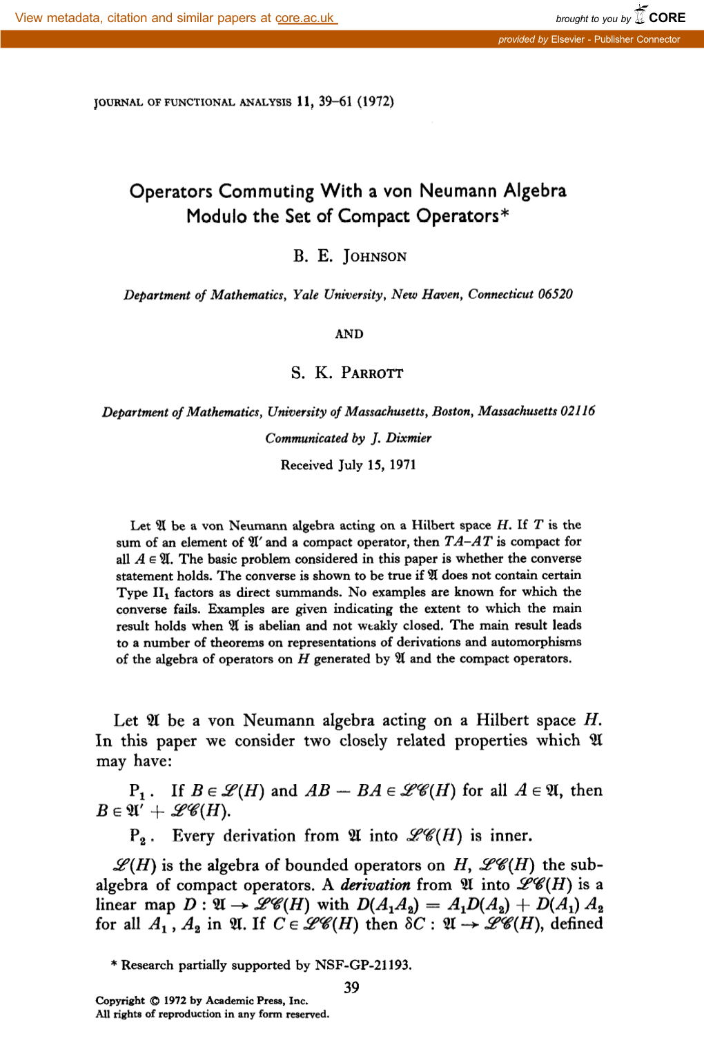 Operators Commuting with a Von Neumann Algebra Modulo the Set of Compact Operators*