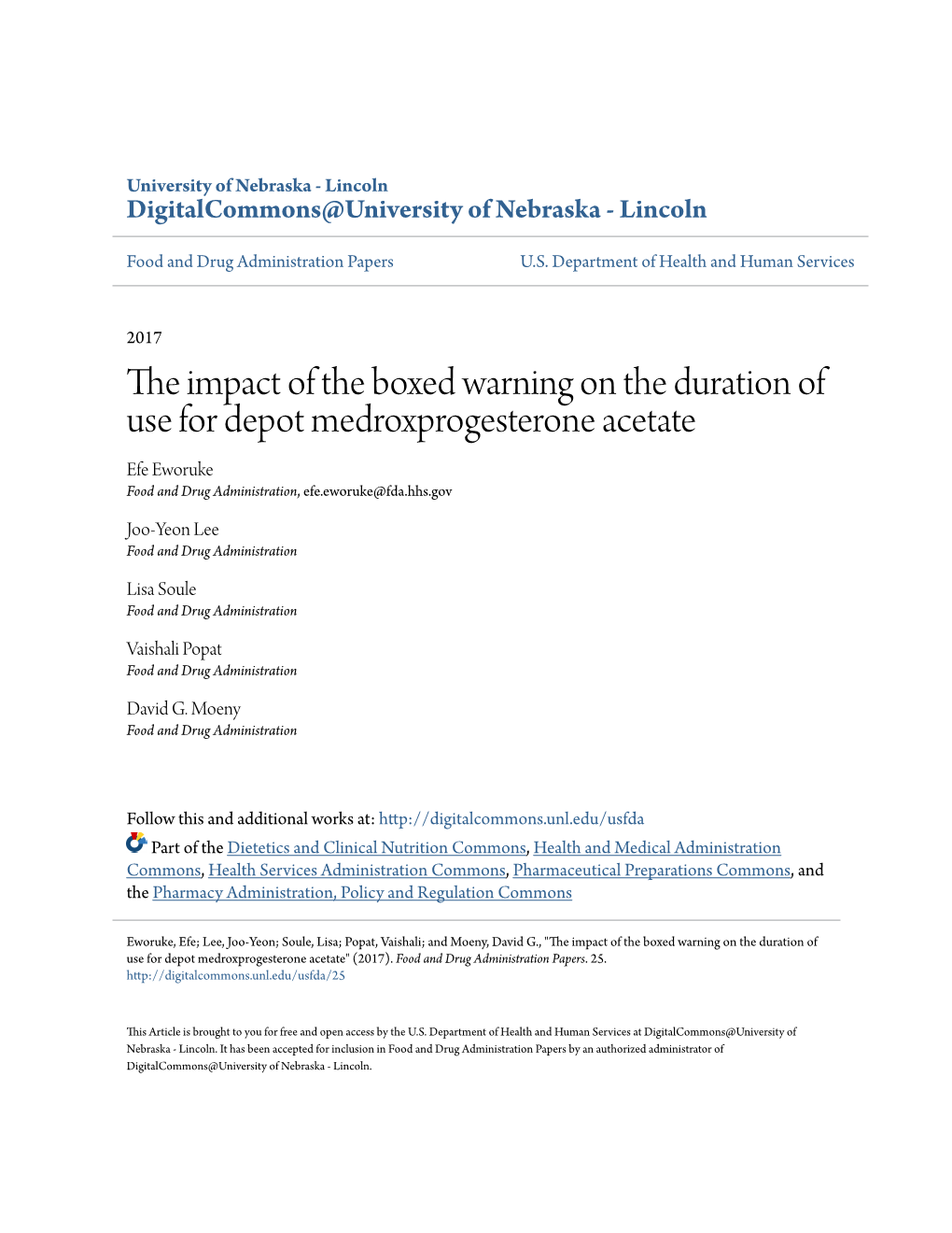 The Impact of the Boxed Warning on the Duration of Use for Depot Medroxprogesterone Acetate Efe Eworuke Food and Drug Administration, Efe.Eworuke@Fda.Hhs.Gov