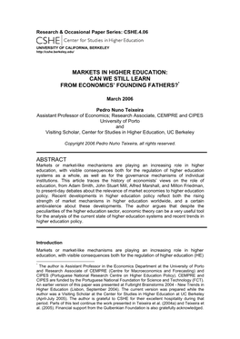 Markets in Higher Education: Can We Still Learn from Economics' Founding Fathers?* Abstract