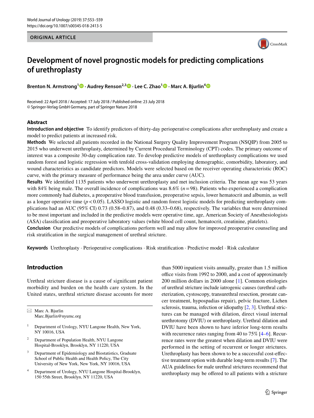 Development of Novel Prognostic Models for Predicting Complications of Urethroplasty