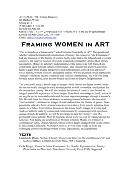 Framing Women in Art Will Relate Works of Art to the Continuing Debate Concerning Women’S Roles, Expectations, and Capabilities