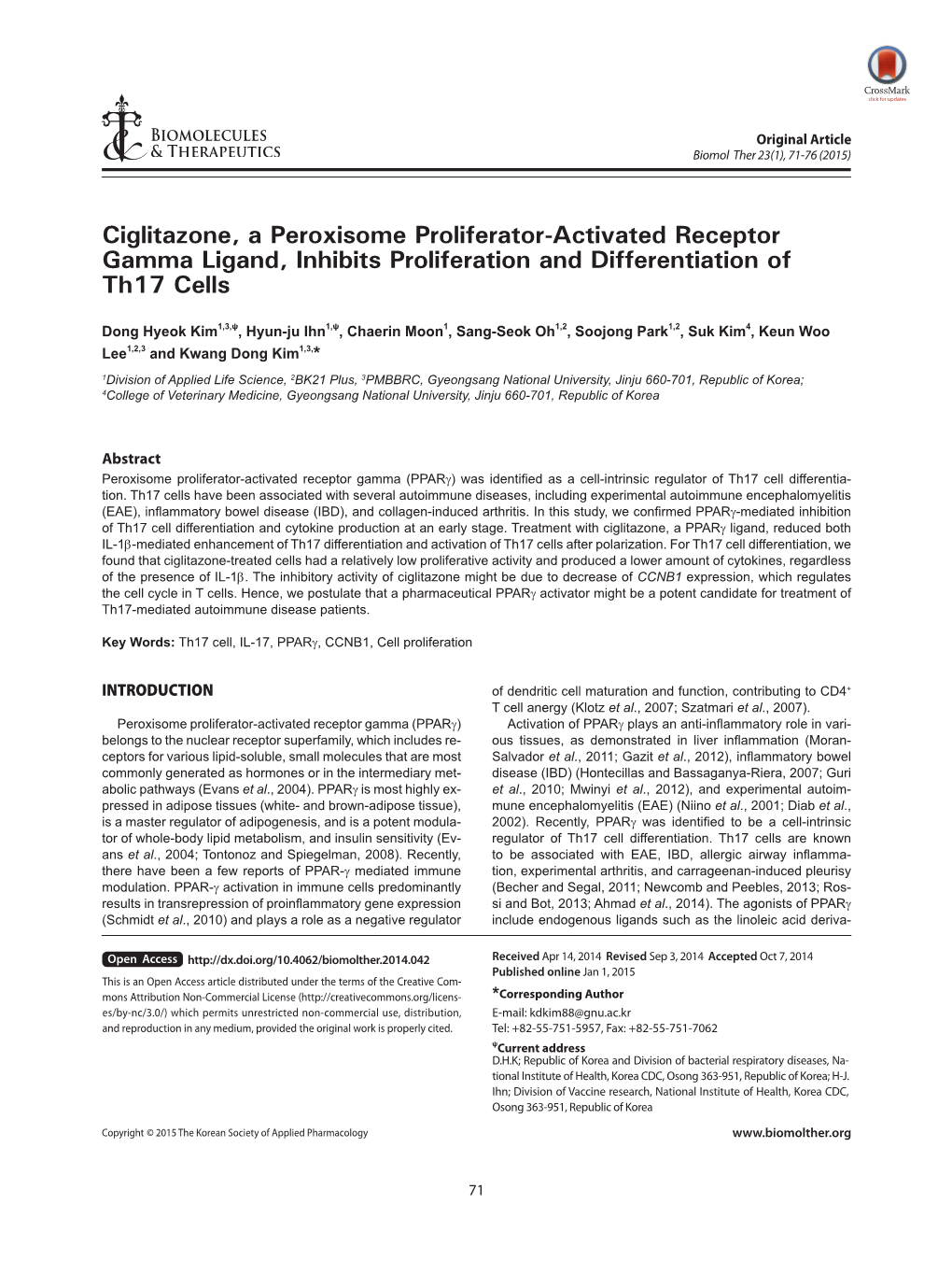 Ciglitazone, a Peroxisome Proliferator-Activated Receptor Gamma Ligand, Inhibits Proliferation and Differentiation of Th17 Cells