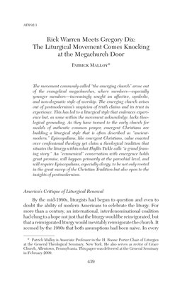 Rick Warren Meets Gregory Dix: the Liturgical Movement Comes Knocking at the Megachurch Door