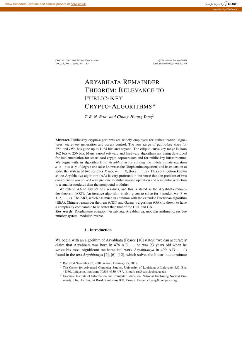 Aryabhata Remainder Theorem:Relevance to Public-Key Crypto-Algorithms*
