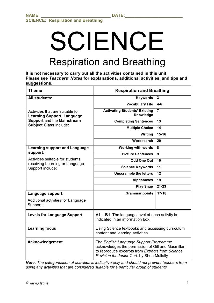 Respiration and Breathing SCIENCE Respiration and Breathing