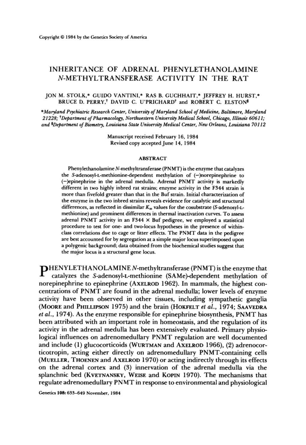 Inheritance of Adrenal Phenylethanolamine N-Methyltransferase Activity in the Rat