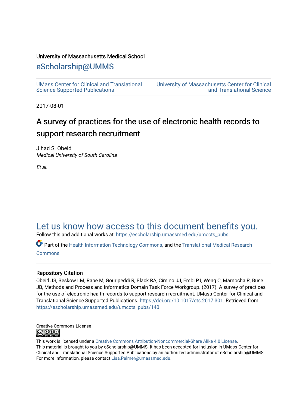 A Survey of Practices for the Use of Electronic Health Records to Support Research Recruitment