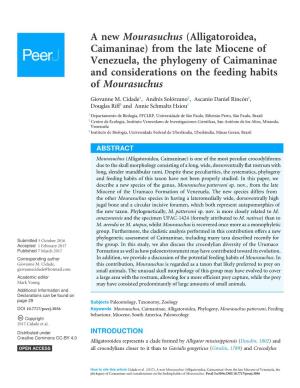 Alligatoroidea, Caimaninae) from the Late Miocene of Venezuela, the Phylogeny of Caimaninae and Considerations on the Feeding Habits of Mourasuchus