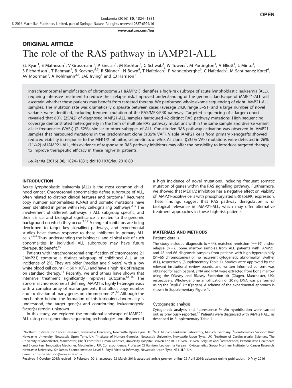 The Role of the RAS Pathway in Iamp21-ALL
