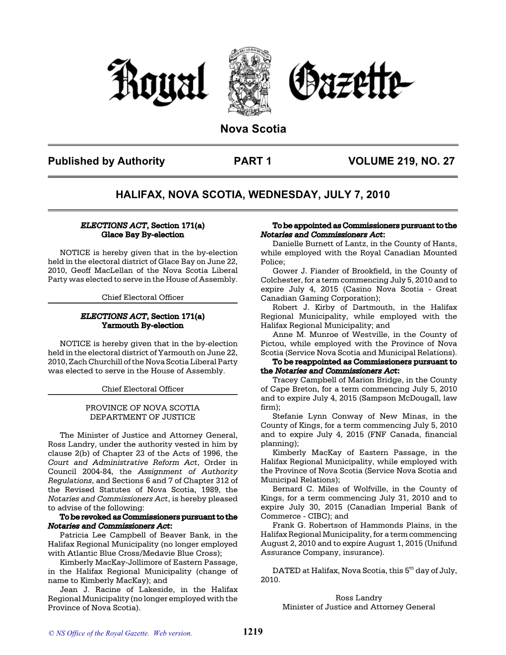 NS Royal Gazette Part I