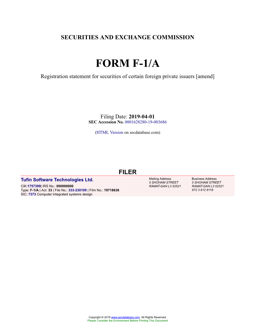 Tufin Software Technologies Ltd. Form F-1/A Filed 2019-04-01