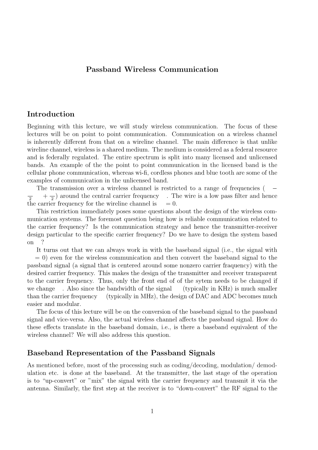 Passband Wireless Communication Introduction Baseband