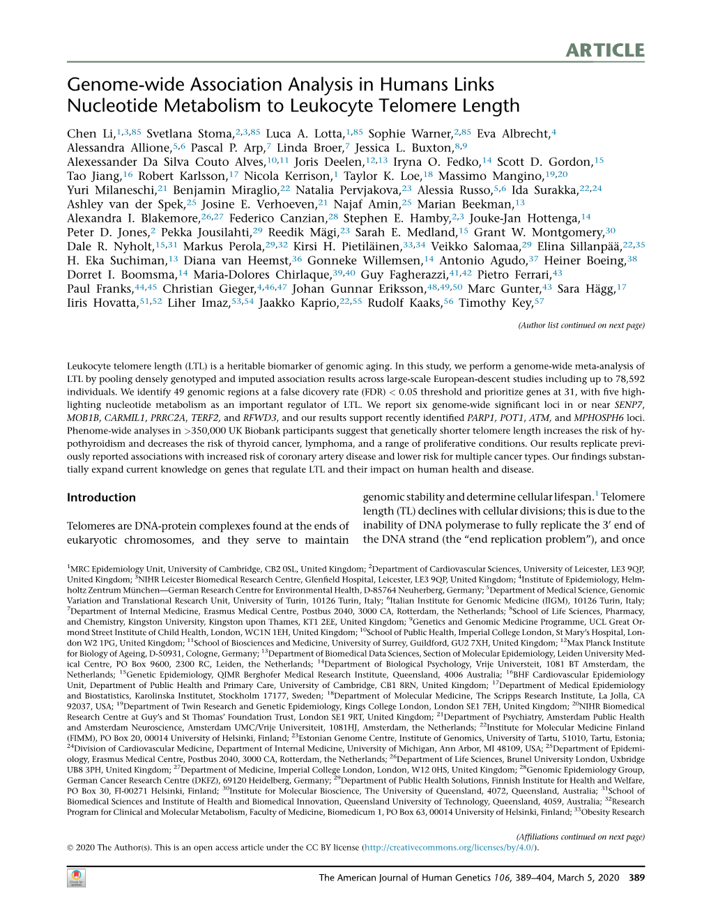 Genome-Wide Association Analysis in Humans Links Nucleotide Metabolism to Leukocyte Telomere Length