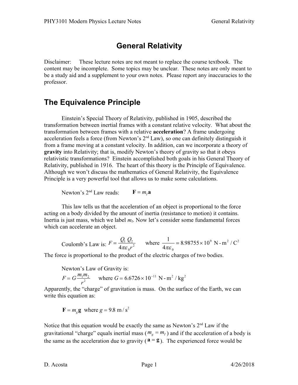 PHY3101 Modern Physics Lecture Notes General Relativity