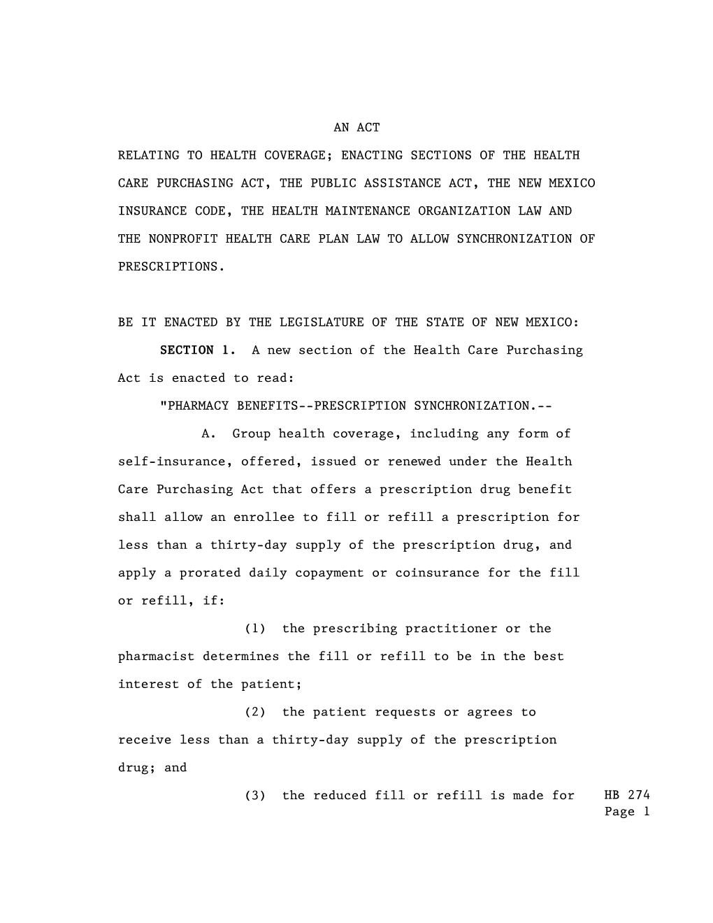 HB 274 Page 1 an ACT RELATING to HEALTH COVERAGE